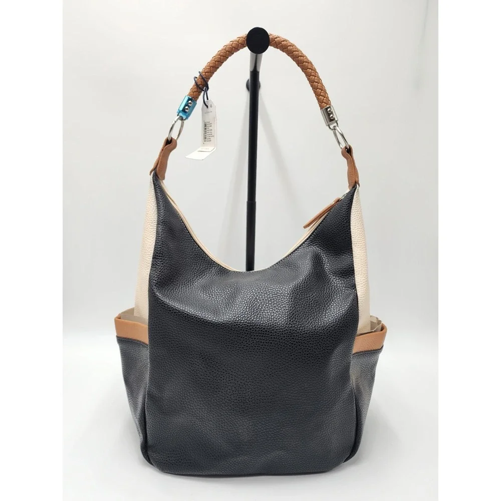 Nautica Hobo Colorblock Faux Leather Purse Cream/ Tan/ Black and Navy Y2K‎ NWT